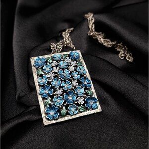 Vintage Floral Pendant Necklace Set Hand-Painted Blue & Purple Flowers
